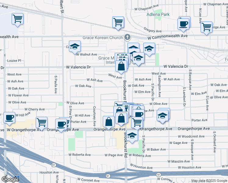 map of restaurants, bars, coffee shops, grocery stores, and more near 1815 West Flower Avenue in Fullerton