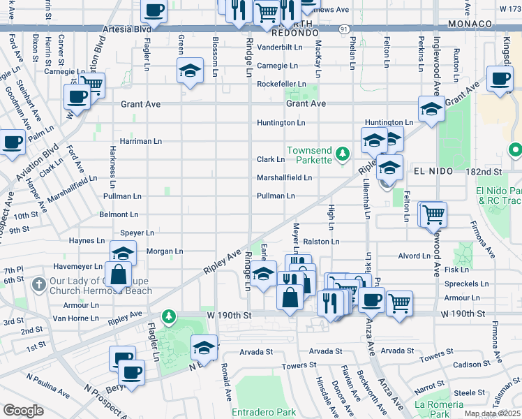 map of restaurants, bars, coffee shops, grocery stores, and more near 1010 Rindge Lane in Redondo Beach