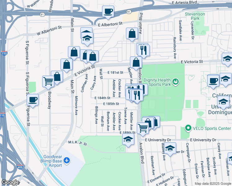 map of restaurants, bars, coffee shops, grocery stores, and more near 18318 Ambler Avenue in Carson