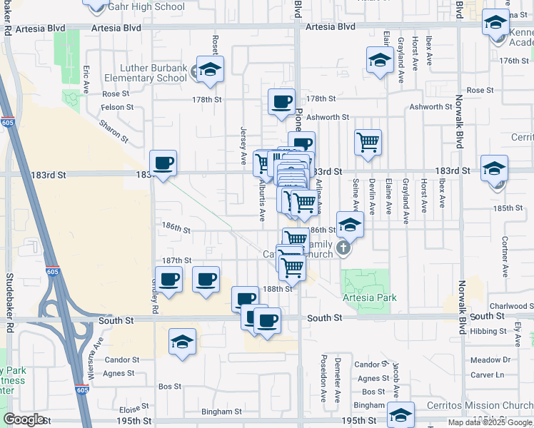 map of restaurants, bars, coffee shops, grocery stores, and more near 18426 Alburtis Avenue in Artesia