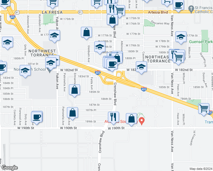 map of restaurants, bars, coffee shops, grocery stores, and more near 18403 Eriel Avenue in Torrance