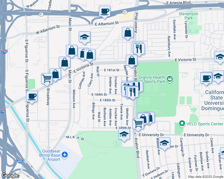 map of restaurants, bars, coffee shops, grocery stores, and more near 18318 Ambler Avenue in Carson