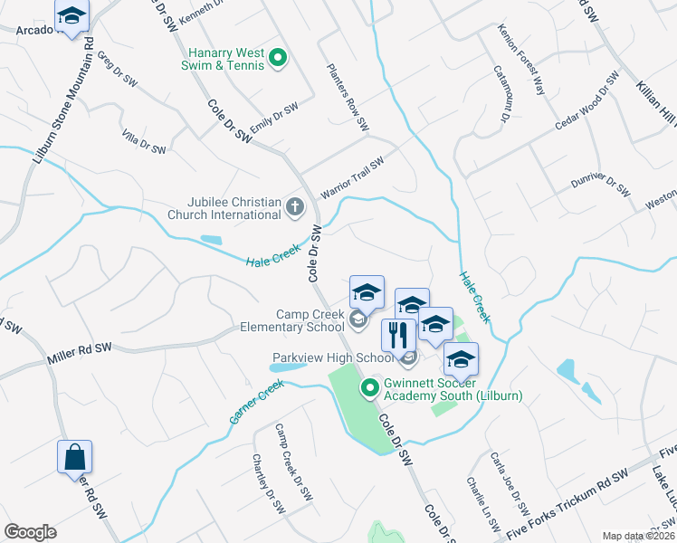 map of restaurants, bars, coffee shops, grocery stores, and more near 798 Valbrook Court Southwest in Lilburn