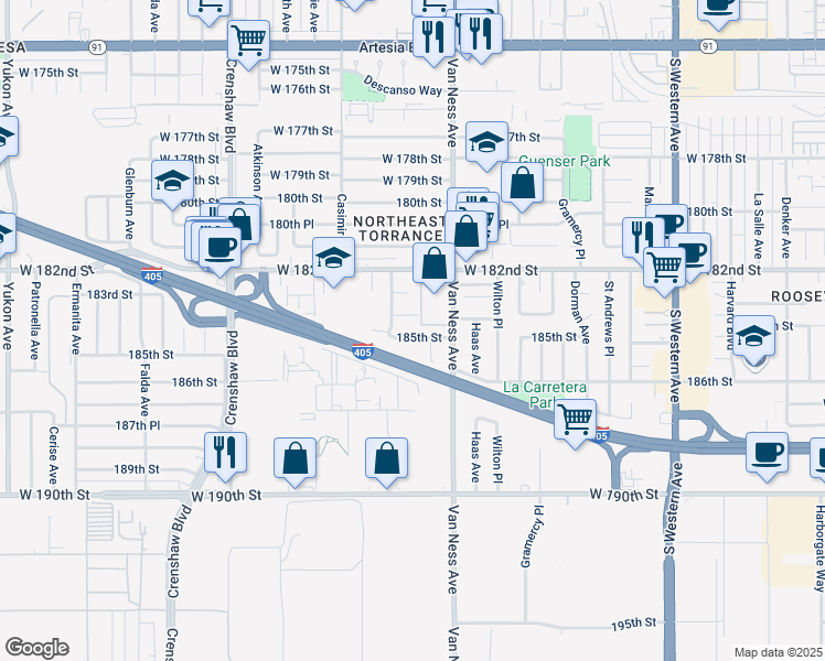 map of restaurants, bars, coffee shops, grocery stores, and more near 2330 184th Street in Torrance