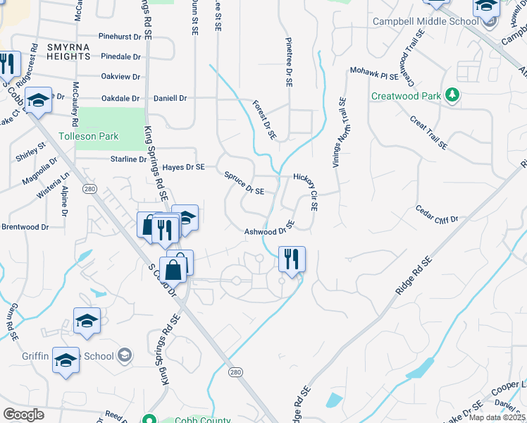 map of restaurants, bars, coffee shops, grocery stores, and more near 3723 Lee Street Southeast in Smyrna