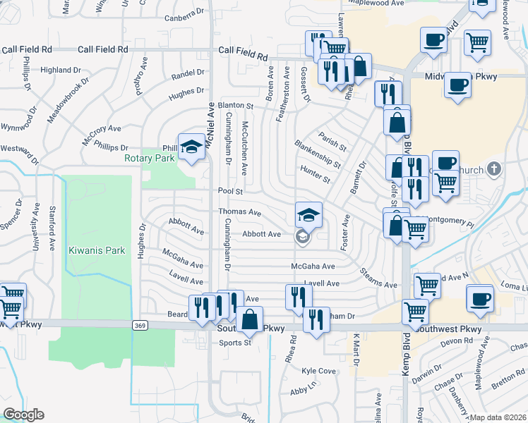 map of restaurants, bars, coffee shops, grocery stores, and more near 4348 Boren Avenue in Wichita Falls