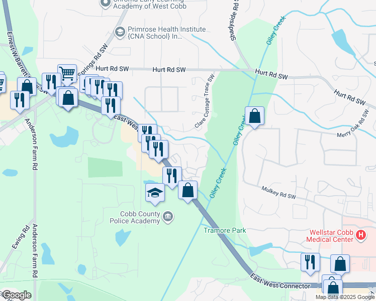 map of restaurants, bars, coffee shops, grocery stores, and more near 2213 Asquith Avenue Southwest in Marietta