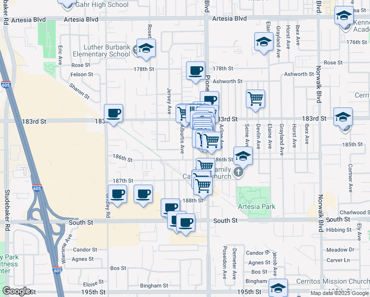 map of restaurants, bars, coffee shops, grocery stores, and more near 18426 Alburtis Avenue in Artesia