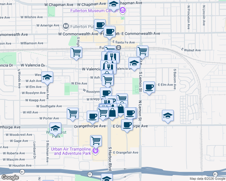 map of restaurants, bars, coffee shops, grocery stores, and more near 770 South Harbor Boulevard in Fullerton