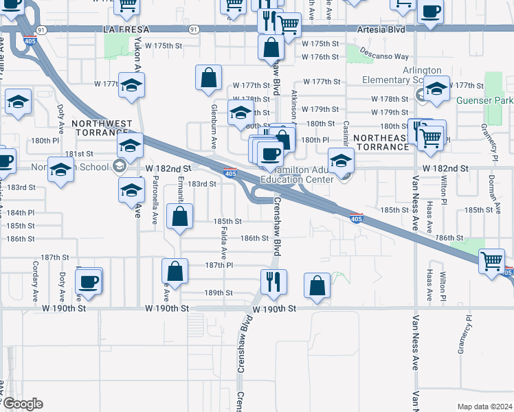 map of restaurants, bars, coffee shops, grocery stores, and more near 18403 Eriel Avenue in Torrance
