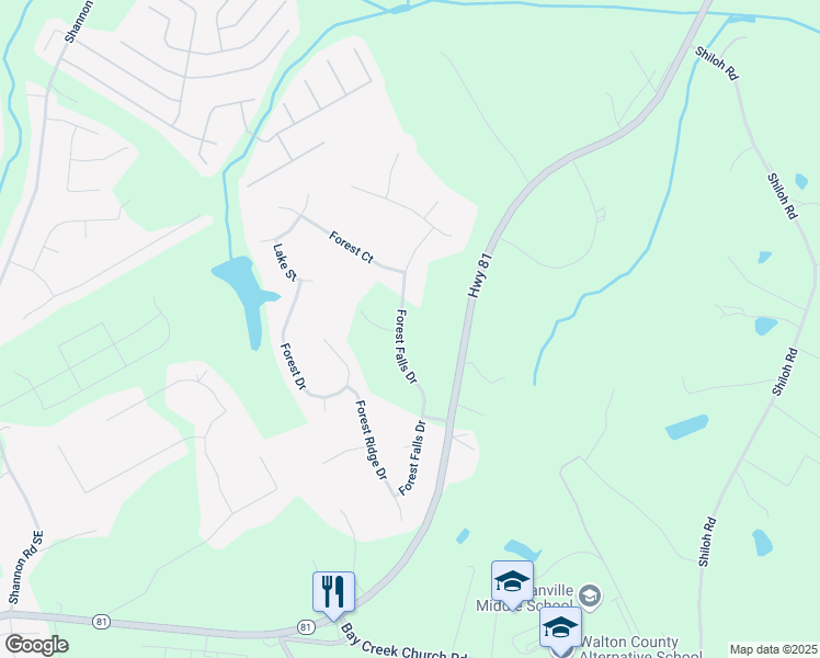 map of restaurants, bars, coffee shops, grocery stores, and more near 5485 Forest Falls Drive in Loganville