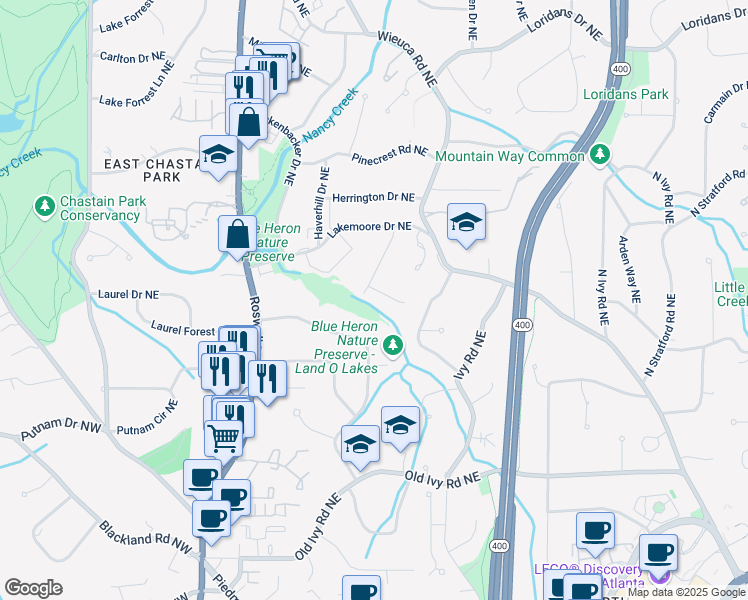 map of restaurants, bars, coffee shops, grocery stores, and more near 469 Emily Reed Lane in Atlanta