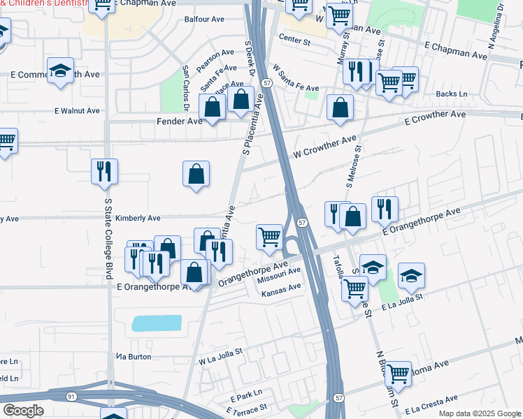 map of restaurants, bars, coffee shops, grocery stores, and more near 711 West Kimberly Avenue in Placentia