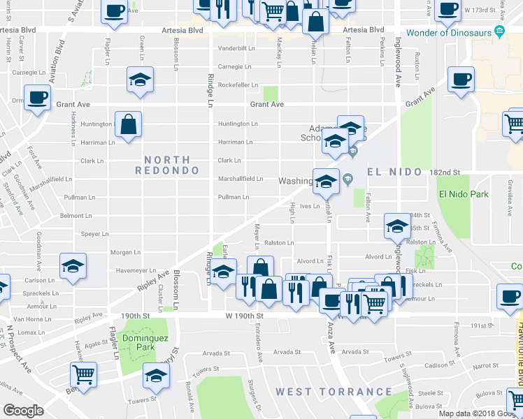 map of restaurants, bars, coffee shops, grocery stores, and more near in Redondo Beach