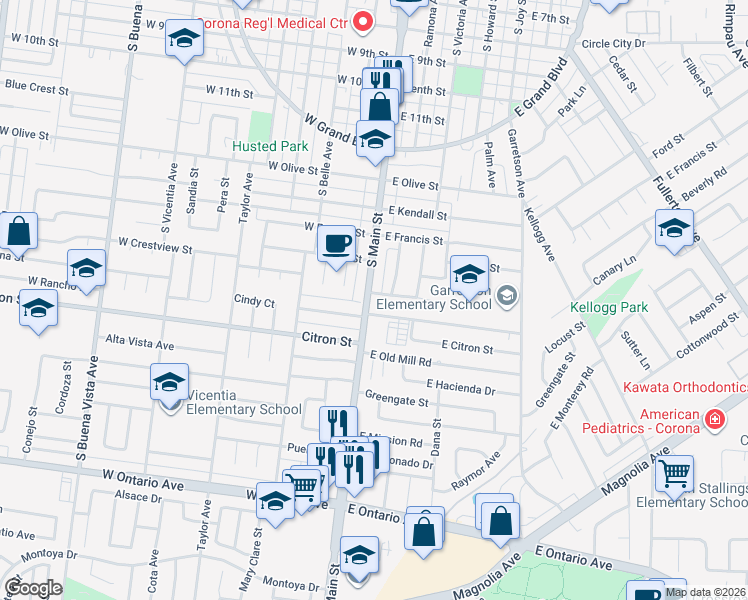 map of restaurants, bars, coffee shops, grocery stores, and more near 102 Crestview Street East in Corona