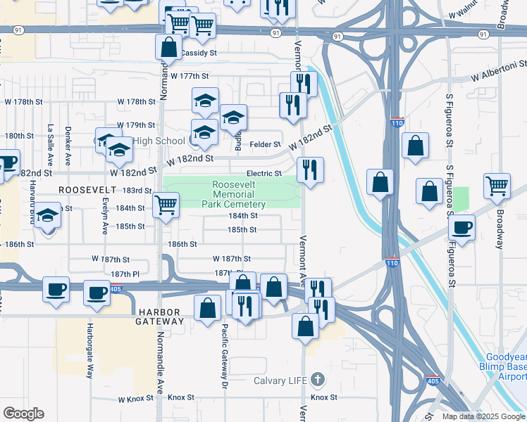 map of restaurants, bars, coffee shops, grocery stores, and more near 1107 184th Street in Gardena