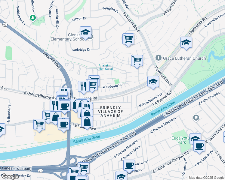 map of restaurants, bars, coffee shops, grocery stores, and more near 6802 Cedar Grove Court in Yorba Linda