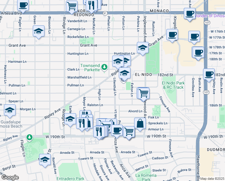 map of restaurants, bars, coffee shops, grocery stores, and more near 2420 Ives Lane in Redondo Beach