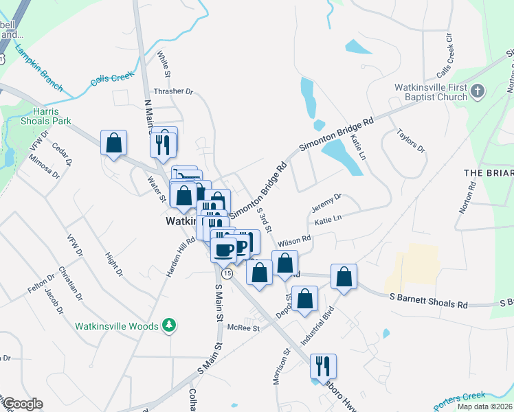 map of restaurants, bars, coffee shops, grocery stores, and more near 52 Simonton Bridge Road in Watkinsville