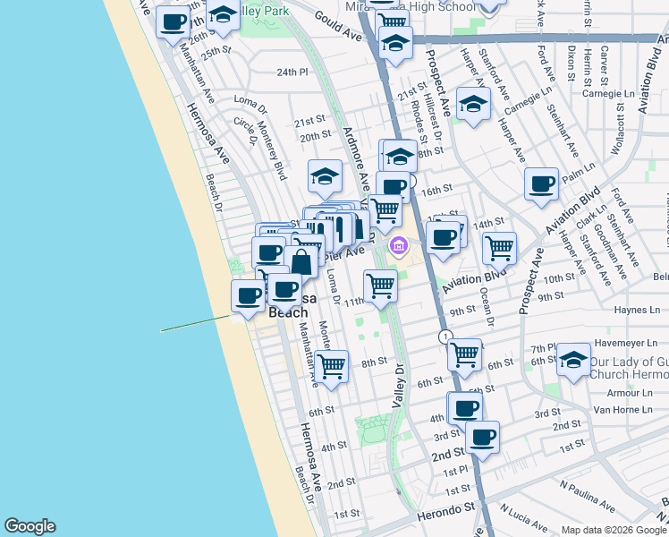 map of restaurants, bars, coffee shops, grocery stores, and more near 1314 Loma Drive in Hermosa Beach
