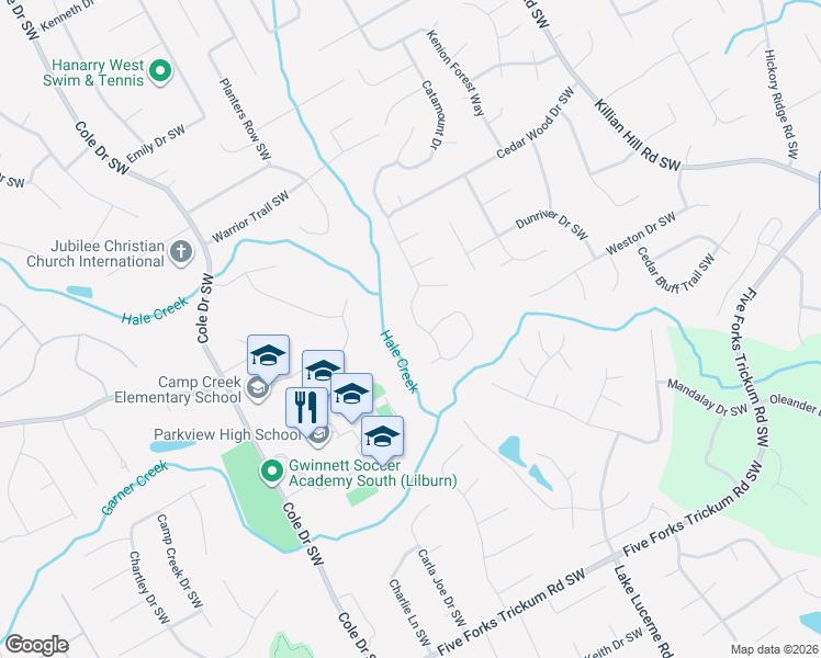 map of restaurants, bars, coffee shops, grocery stores, and more near 4747 Cedar Wood Drive Southwest in Lilburn