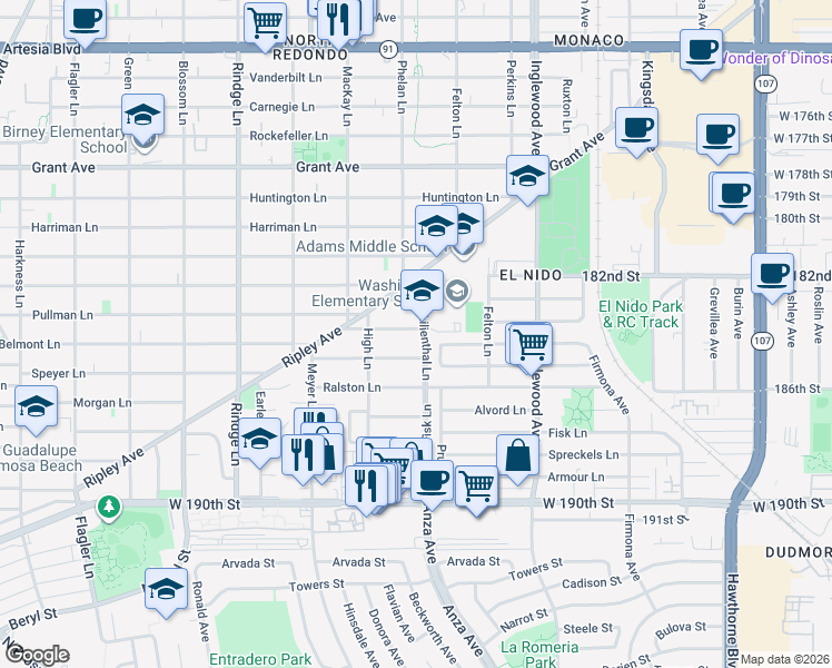 map of restaurants, bars, coffee shops, grocery stores, and more near 2420 Ives Lane in Redondo Beach