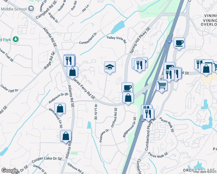 map of restaurants, bars, coffee shops, grocery stores, and more near 3689 Spring Hill Road Southeast in Smyrna