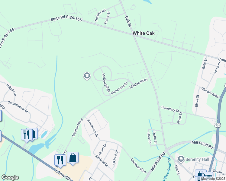map of restaurants, bars, coffee shops, grocery stores, and more near 1013 Manassas Drive in Conway
