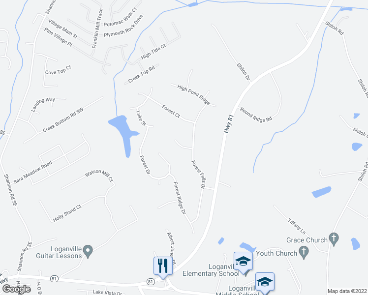 map of restaurants, bars, coffee shops, grocery stores, and more near 2905 Valley Court in Loganville