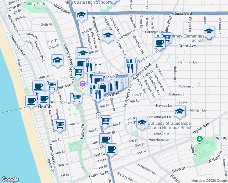 map of restaurants, bars, coffee shops, grocery stores, and more near 1204 Bonnie Brae Street in Hermosa Beach