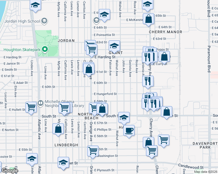 map of restaurants, bars, coffee shops, grocery stores, and more near 5959 Falcon Avenue in Long Beach