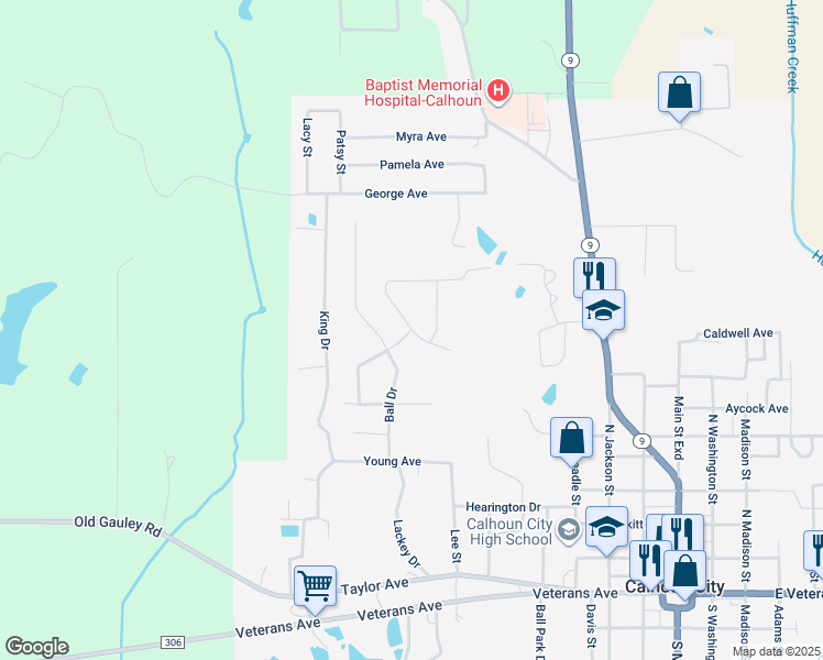map of restaurants, bars, coffee shops, grocery stores, and more near Susan Circle in Calhoun City