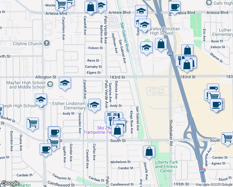 map of restaurants, bars, coffee shops, grocery stores, and more near Deloise Avenue in Cerritos