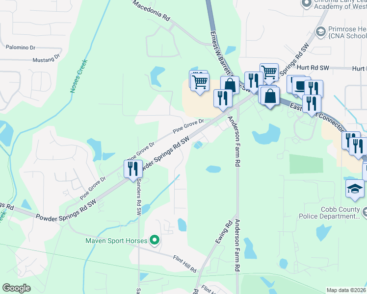 map of restaurants, bars, coffee shops, grocery stores, and more near 2871 Powder Springs Road Southwest in Marietta