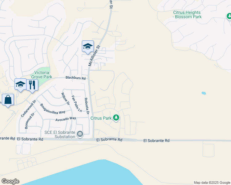 map of restaurants, bars, coffee shops, grocery stores, and more near 17720 McDowell Valley Drive in Riverside