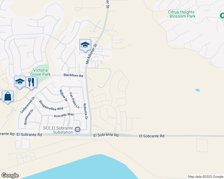 map of restaurants, bars, coffee shops, grocery stores, and more near 17720 McDowell Valley Drive in Riverside