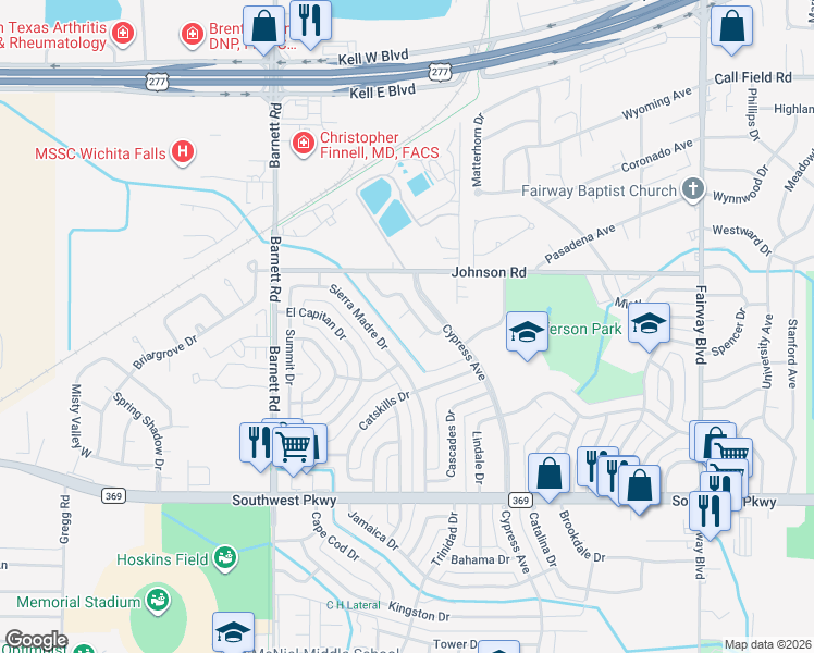 map of restaurants, bars, coffee shops, grocery stores, and more near 4602 Spanish Trace in Wichita Falls