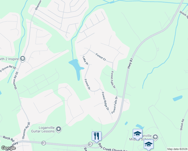map of restaurants, bars, coffee shops, grocery stores, and more near 5543 Forest Drive in Loganville