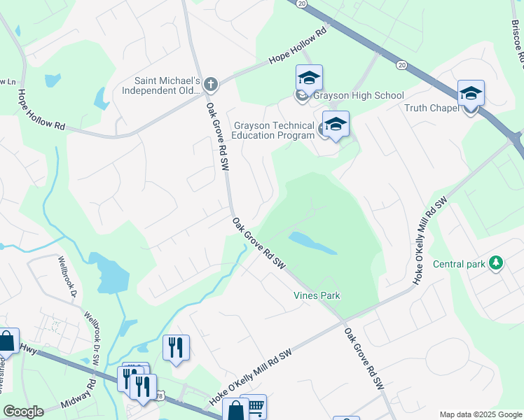map of restaurants, bars, coffee shops, grocery stores, and more near 3404 Watson Meadow Lane Southwest in Loganville