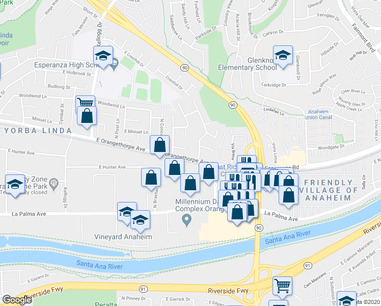 map of restaurants, bars, coffee shops, grocery stores, and more near 5440 East Snow Wood Circle in Anaheim