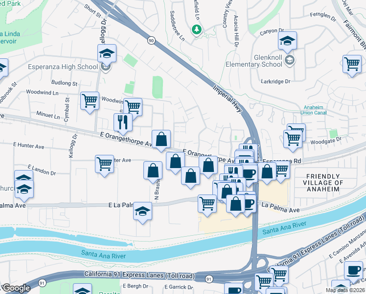 map of restaurants, bars, coffee shops, grocery stores, and more near 5440 East Snow Wood Circle in Anaheim