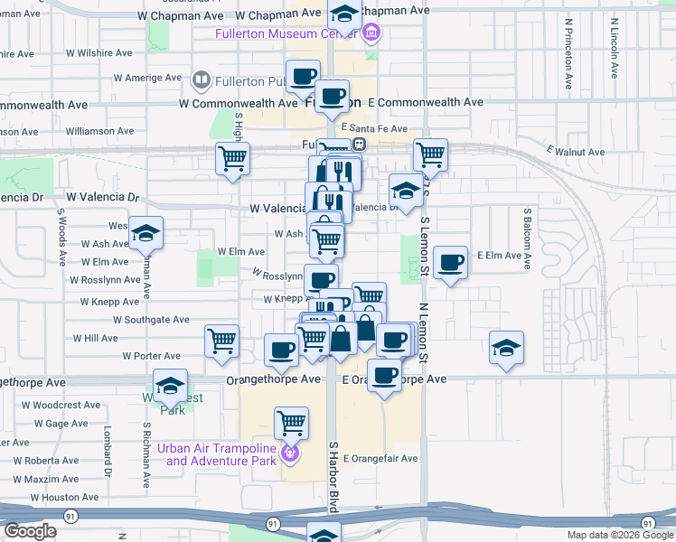 map of restaurants, bars, coffee shops, grocery stores, and more near 711 El Camino Real in Fullerton