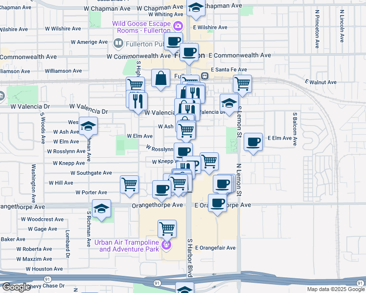 map of restaurants, bars, coffee shops, grocery stores, and more near 126 West Elm Avenue in Fullerton