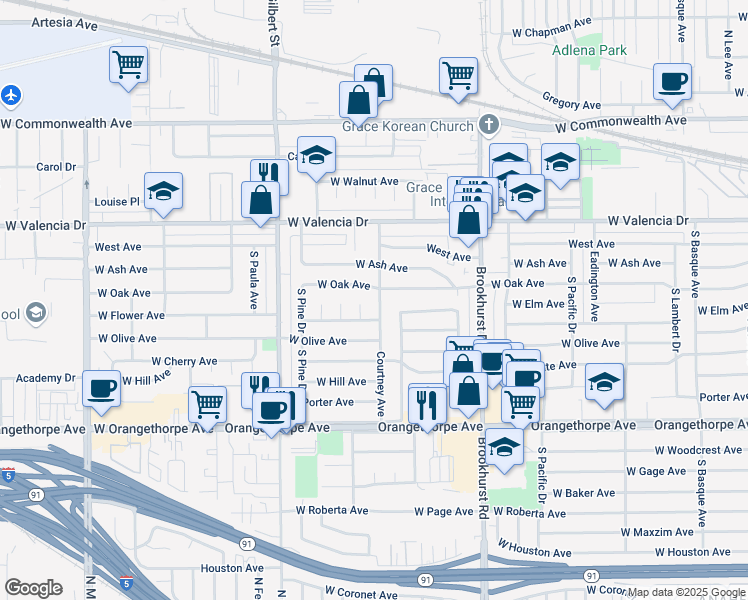 map of restaurants, bars, coffee shops, grocery stores, and more near 2018 West Oak Avenue in Fullerton