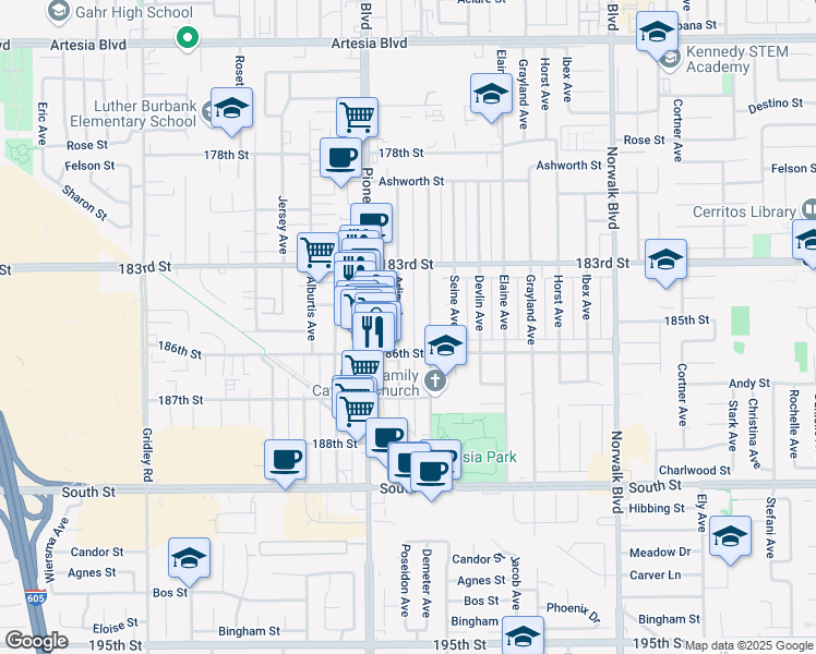 map of restaurants, bars, coffee shops, grocery stores, and more near 18429 Clarkdale Avenue in Artesia