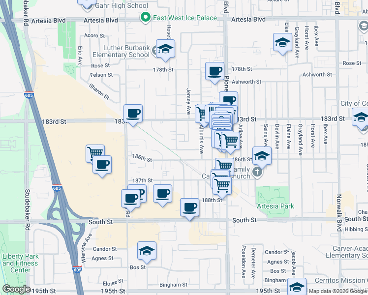 map of restaurants, bars, coffee shops, grocery stores, and more near 11607 185th Street in Artesia