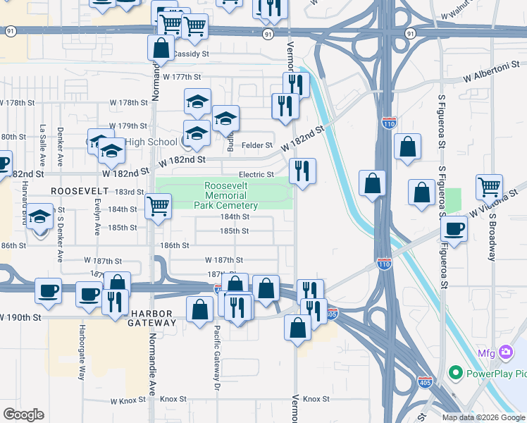 map of restaurants, bars, coffee shops, grocery stores, and more near 1107 184th Street in Gardena