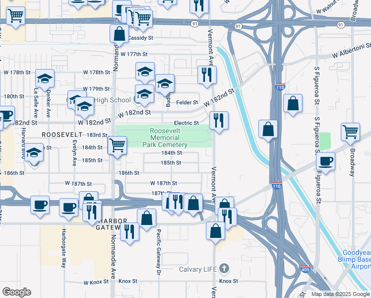 map of restaurants, bars, coffee shops, grocery stores, and more near 1107 184th Street in Gardena