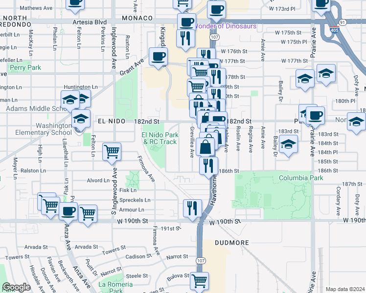 map of restaurants, bars, coffee shops, grocery stores, and more near 18325 Grevillea Avenue in Redondo Beach