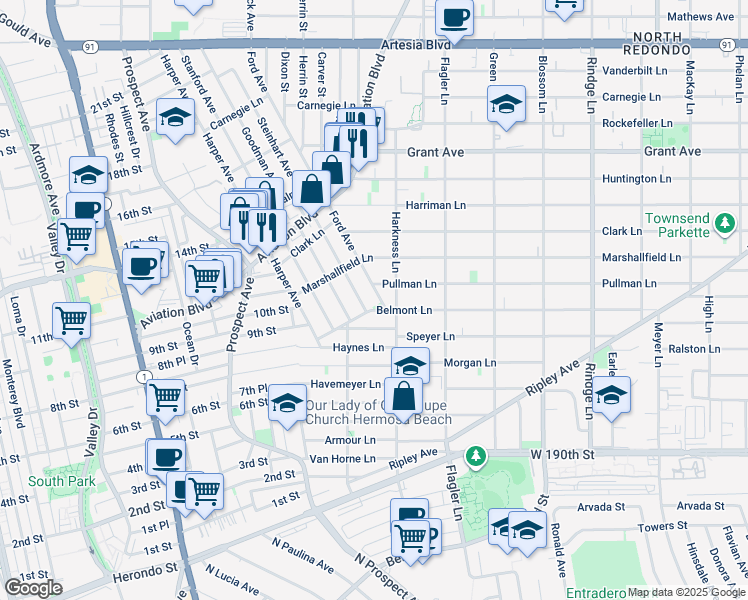 map of restaurants, bars, coffee shops, grocery stores, and more near 1706 Pullman Lane in Redondo Beach
